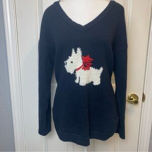 J. Jill cotton blend V neck knit sweater Scottie dog holiday grandma cottage M